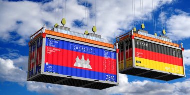 Kamboçya ve Almanya bayraklı nakliye konteynerleri - 3 boyutlu illüstrasyon