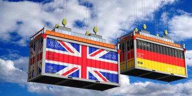 Birleşik Krallık ve Almanya bayraklı nakliye konteynerleri - 3D illüstrasyon