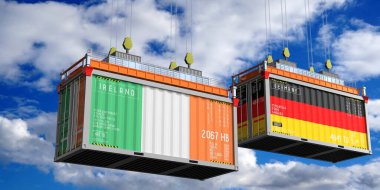 İrlanda ve Almanya bayraklı nakliye konteynerleri - 3D illüstrasyon