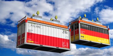 Polonya ve Almanya 'nın bayraklı konteynırları - 3D illüstrasyon