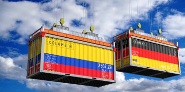Kolombiya ve Almanya bayraklı nakliye konteynerleri - 3D illüstrasyon