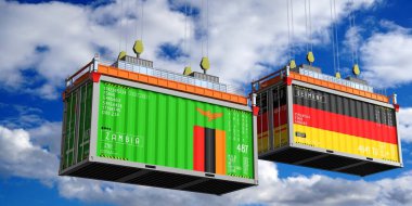 Zambiya ve Almanya bayraklı nakliye konteynerleri - 3D illüstrasyon