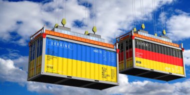 Ukrayna ve Almanya bayraklı nakliye konteynerleri - 3D illüstrasyon