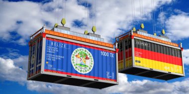 Belize ve Almanya bayraklı nakliye konteynerleri - 3 boyutlu illüstrasyon