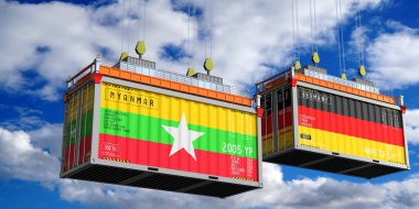 Myanmar ve Almanya 'nın bayraklı konteynırları - 3D illüstrasyon