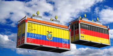 Ekvador ve Almanya bayraklı nakliye konteynerleri - 3D illüstrasyon