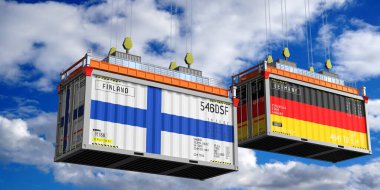 Finlandiya ve Almanya bayraklı nakliye konteynerleri - 3D illüstrasyon