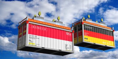 Endonezya ve Almanya bayraklı nakliye konteynerleri - 3D illüstrasyon