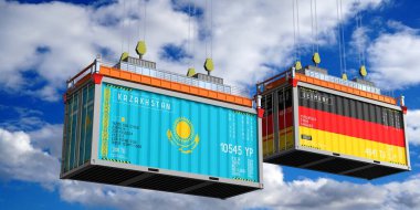 Kazakistan ve Almanya 'nın bayraklı konteynırları - 3D illüstrasyon