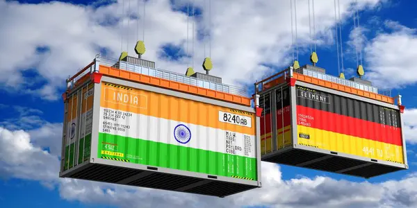 Hindistan ve Almanya 'nın bayraklı konteynırları - 3D illüstrasyon