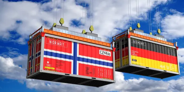 Norveç ve Almanya bayraklı nakliye konteynerleri - 3D illüstrasyon