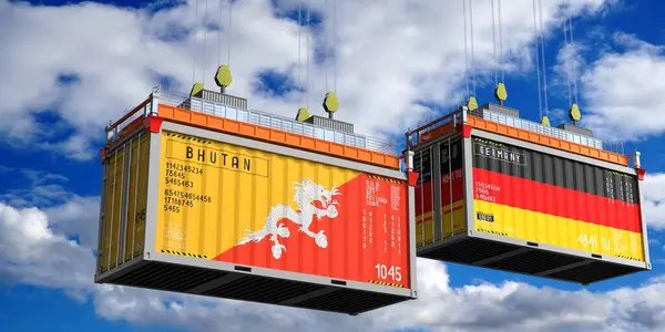 Bhutan ve Almanya 'nın bayraklı konteynırları - 3D illüstrasyon