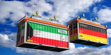 İçinde Kuveyt ve Almanya 'nın bayrakları olan konteynerler - 3D illüstrasyon