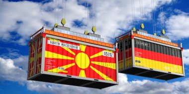 Kuzey Makedonya ve Almanya bayraklı konteynerler - 3D illüstrasyon