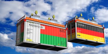 Madagaskar ve Almanya bayraklı nakliye konteynerleri - 3 boyutlu illüstrasyon