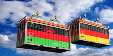 Malawi ve Almanya 'nın bayraklı konteynırları - 3D illüstrasyon