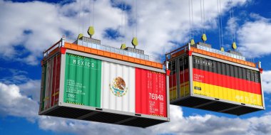 Meksika ve Almanya bayraklı nakliye konteynerleri - 3D illüstrasyon