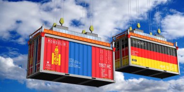 Moğolistan ve Almanya bayraklı nakliye konteynerleri - 3D illüstrasyon