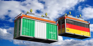 Nijerya ve Almanya bayraklı nakliye konteynerleri - 3D illüstrasyon