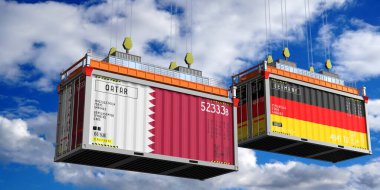 Katar ve Almanya bayraklı nakliye konteynerleri - 3D illüstrasyon