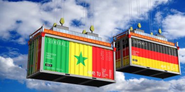Senegal ve Almanya bayraklı nakliye konteynerleri - 3D illüstrasyon