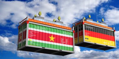 Surinam ve Almanya bayraklı nakliye konteynerleri - 3D illüstrasyon