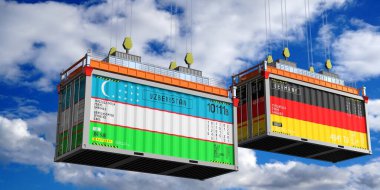 Özbekistan ve Almanya bayraklı nakliye konteynerleri - 3D illüstrasyon