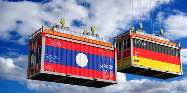 Laos ve Almanya bayraklı nakliye konteynerleri - 3D illüstrasyon