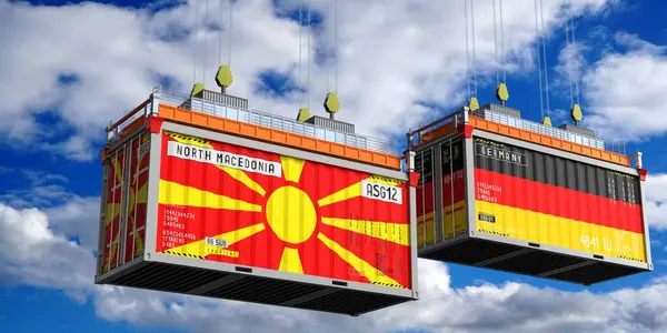 Kuzey Makedonya ve Almanya bayraklı konteynerler - 3D illüstrasyon