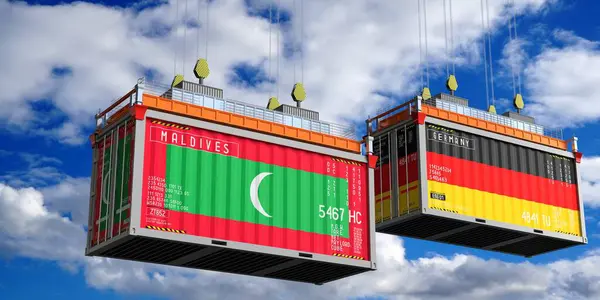 Maldivler ve Almanya bayraklı nakliye konteynerleri - 3D illüstrasyon