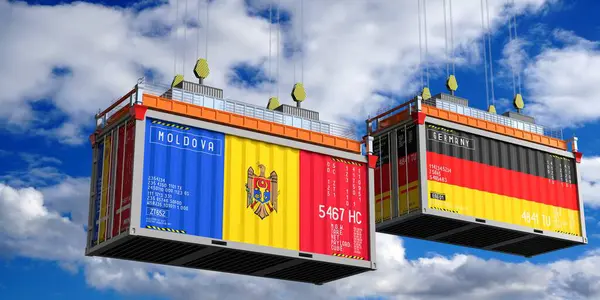 Moldova ve Almanya bayraklı nakliye konteynerleri - 3D illüstrasyon