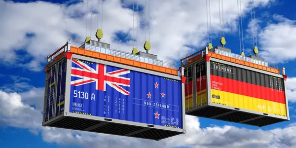 Yeni Zelanda ve Almanya bayraklı konteynırlar - 3D illüstrasyon