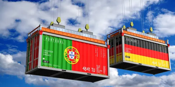 Portekiz ve Almanya bayraklı nakliye konteynerleri - 3 boyutlu illüstrasyon