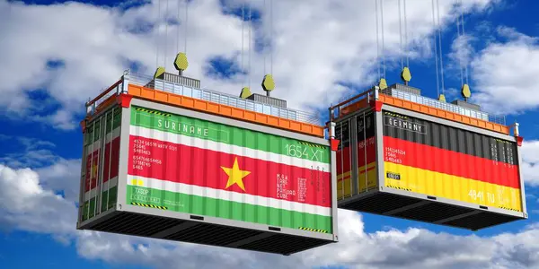 Surinam ve Almanya bayraklı nakliye konteynerleri - 3D illüstrasyon