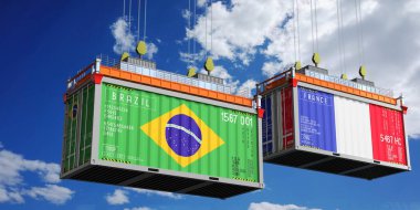 Brezilya ve Fransa bayraklı nakliye konteynerleri - 3D illüstrasyon