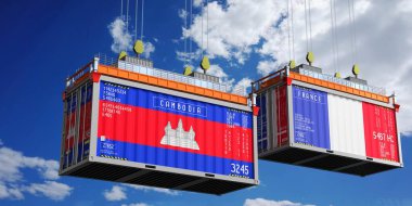 Kamboçya ve Fransa bayraklı nakliye konteynerleri - 3D illüstrasyon