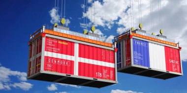 Danimarka ve Fransa bayraklı nakliye konteynerleri - 3D illüstrasyon