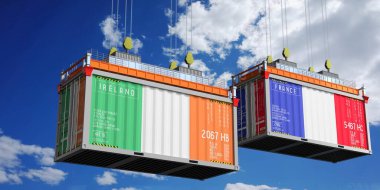 İrlanda ve Fransa bayraklı nakliye konteynerleri - 3D illüstrasyon