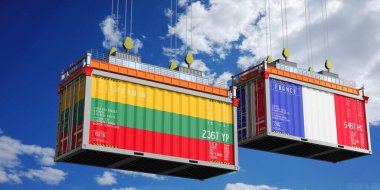 Litvanya ve Fransa bayraklı nakliye konteynerleri - 3 boyutlu illüstrasyon