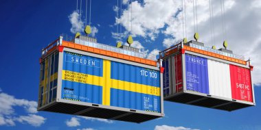 İsveç ve Fransa bayraklı konteynırlar - 3D illüstrasyon