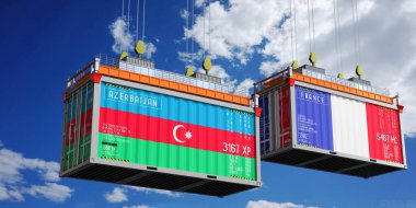 Üzerinde Azerbaycan ve Fransa bayrakları olan konteynırlar - 3D illüstrasyon