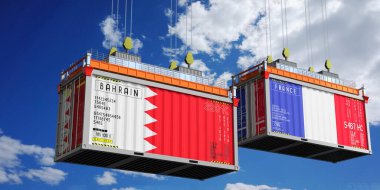 Bahreyn ve Fransa bayraklı konteynırlar - 3D illüstrasyon