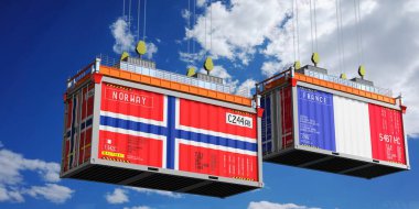 Norveç ve Fransa bayraklı nakliye konteynerleri - 3D illüstrasyon