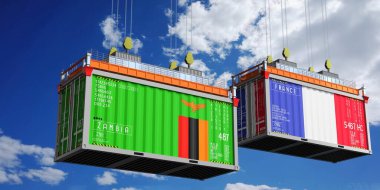 Zambiya ve Fransa bayraklı nakliye konteynerleri - 3D illüstrasyon