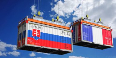 Slovakya ve Fransa bayraklı nakliye konteynerleri - 3D illüstrasyon