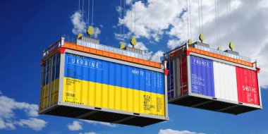 Ukrayna ve Fransa bayraklı konteynırlar - 3D illüstrasyon