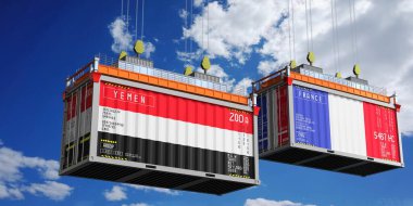 Üzerinde Yemen ve Fransa bayrakları olan konteynırlar - 3D illüstrasyon