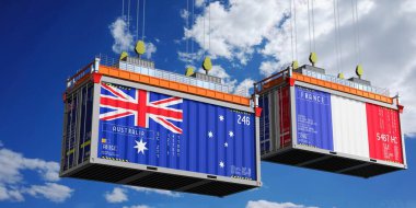 Avustralya ve Fransa bayraklı nakliye konteynerleri - 3D illüstrasyon