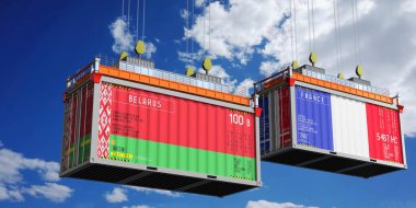 Beyaz Rusya ve Fransa 'nın bayraklı konteynırları - 3D illüstrasyon