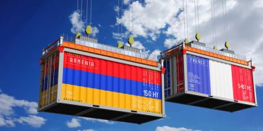 İçinde Ermenistan ve Fransa bayrakları olan konteynırlar - 3D illüstrasyon